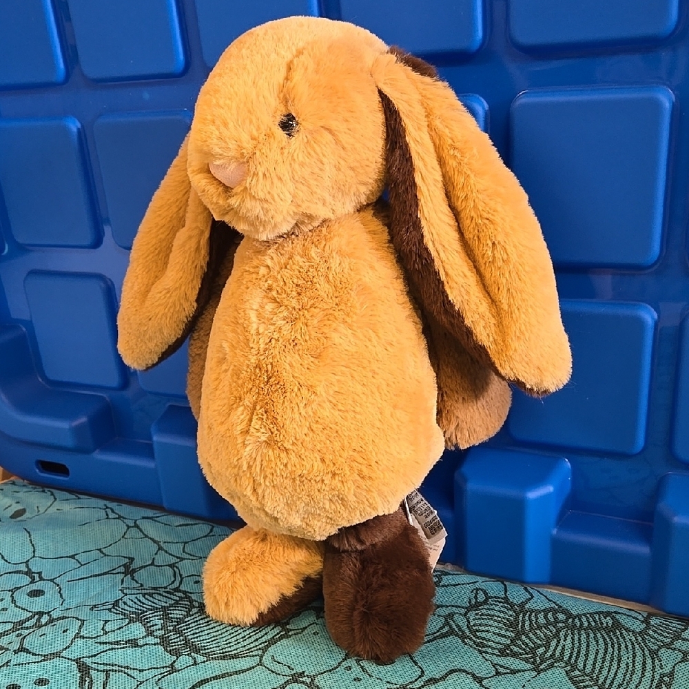 NWT - Jellycat Original Bashful Patchwork Brown Bunny W/ Blue Dust Bag